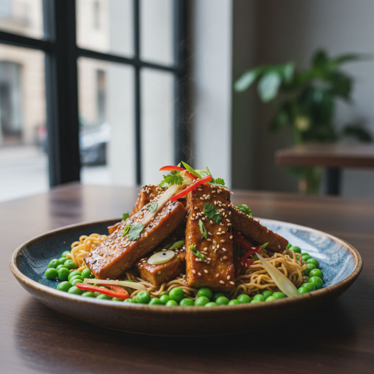 Tempeh vapeur façon asiatique, petits pois & nouilles