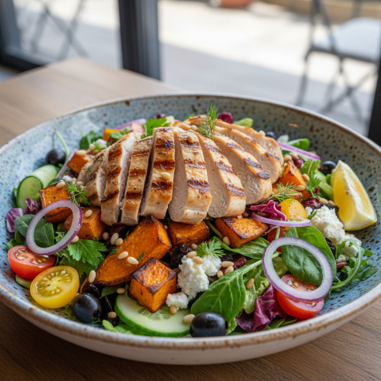 Salade composée complète au poulet grillé et patate douce rôtie