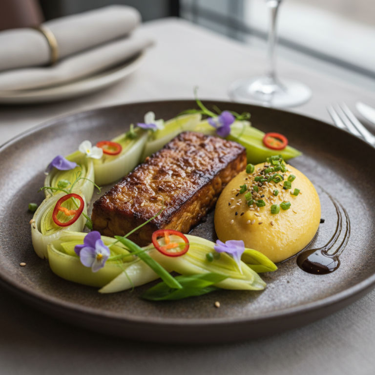 Tempeh vapeur façon asiatique, poireaux & polenta