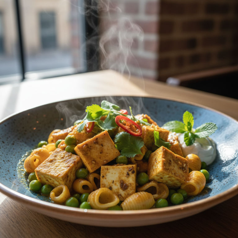 Tofu vapeur façon indienne, petits pois & pâtes