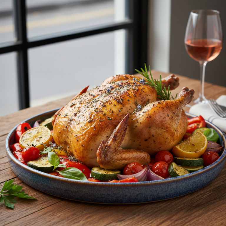 Poulet rôti aux herbes de Provence et légumes du soleil