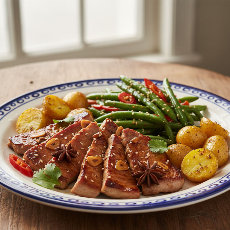 Porc à la poêle façon orientale, haricots verts & pommes de terre