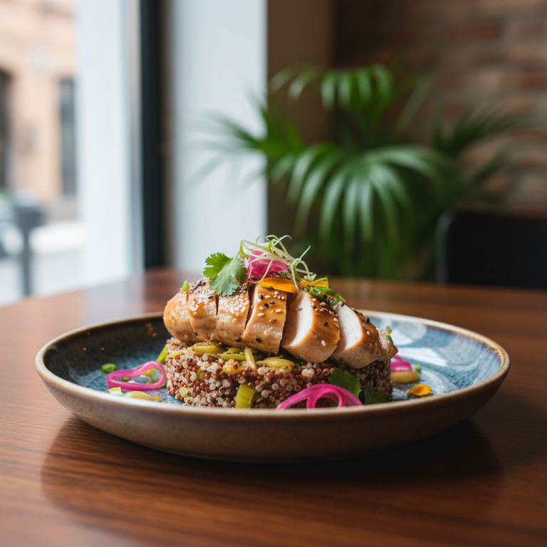 Poulet vapeur façon orientale, poireaux & quinoa