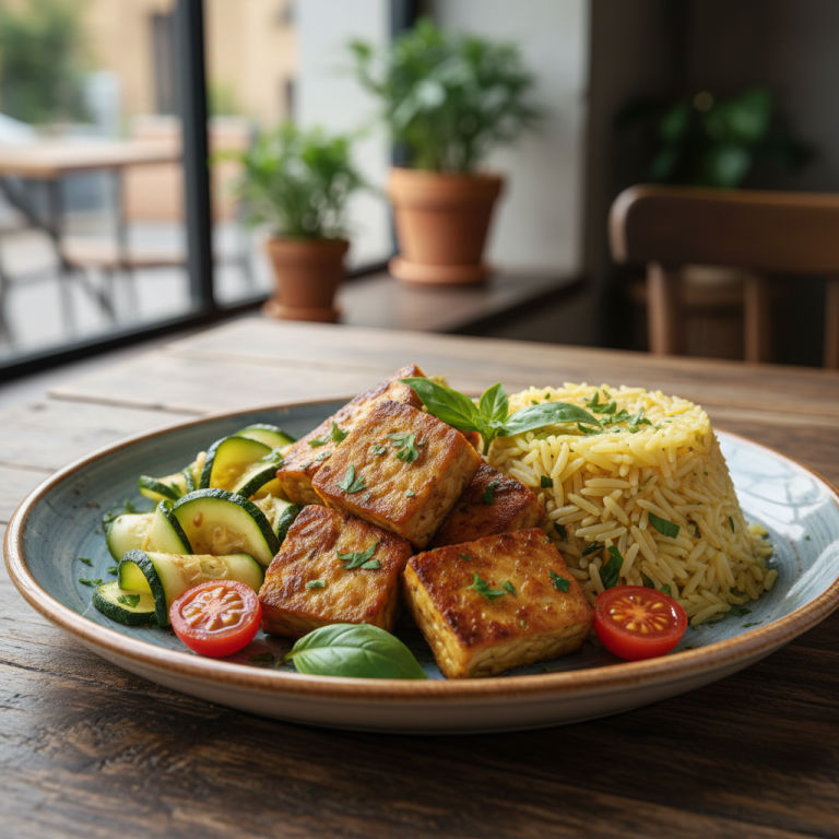 Tempeh à la poêle façon méditerranéenne, courgette & riz