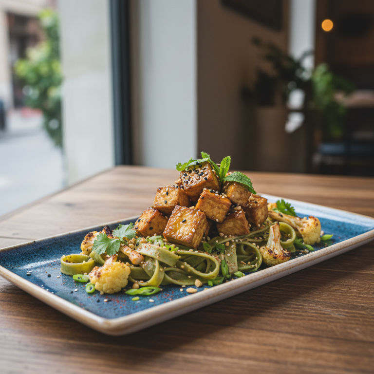 Tofu rôti au four façon orientale, chou-fleur & pâtes