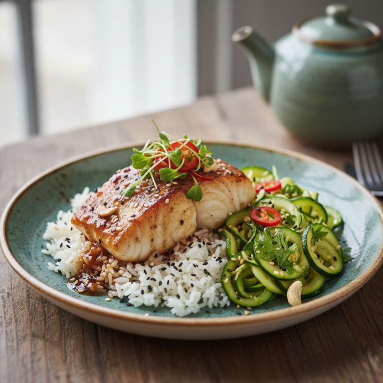 Cabillaud à la poêle façon asiatique, courgette & riz