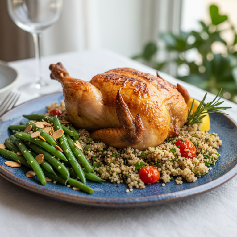 Poulet rôti, haricots verts et quinoa